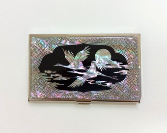 Mother of Pearl Business Card Case, Business Card Holder, Shell Card Case, Cranes & Clouds Patterned, Black and Silver color