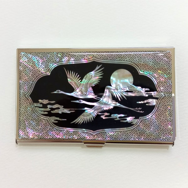 Mother of Pearl Business Card Case, Business Card Holder, Shell Card Case, Cranes & Clouds Patterned, Black and Silver color
