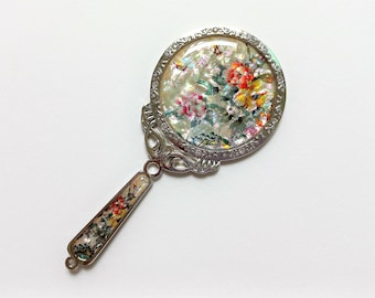 Mother of Pearl Hand Mirror: Peony Design, Makeup Mirror, Light Yellow