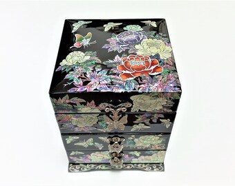 Mother of pearl Jewelry box, Inlaid jewelry box, 2 drawers box, ring box, Jewelry storge, Korean jewelry box, Peonies and Butterflies