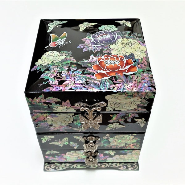 Mother of pearl Jewelry box, Inlaid jewelry box, 2 drawers box, ring box, Jewelry storge, Korean jewelry box, Peonies and Butterflies