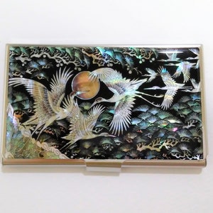 Mother of Pearl Business Card Case, Business Card Holder, Shell Card Case, Moon & Cranes Patterned