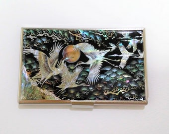 Mother of Pearl Business Card Case, Business Card Holder, Shell Card Case, Moon & Cranes Patterned