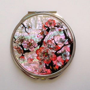 Mother of pearl mirror, Cosmetic mirror, Compact mirror, Makeup mirror, Cherry blossoms patterned, Gift for her