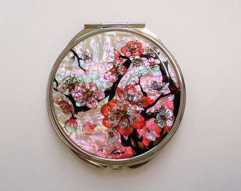 Mother of pearl mirror, Cosmetic mirror, Compact mirror, Makeup mirror, Cherry blossoms patterned, Gift for her