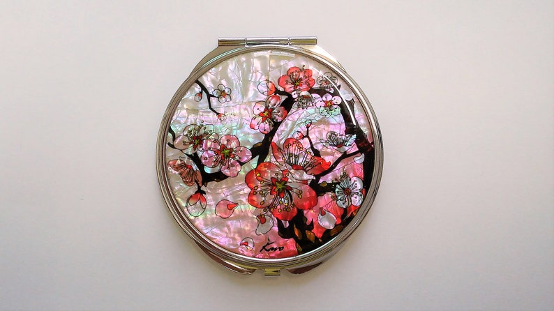 Mother of pearl mirror, Cosmetic mirror, Compact mirror, Makeup mirror, Cherry blossoms patterned, Gift for her image 1