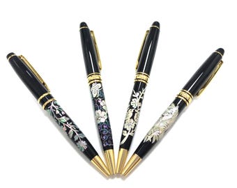 Mother of Pearl Ballpoint Pen: Handcrafted Inlaid 4 Pattern Black