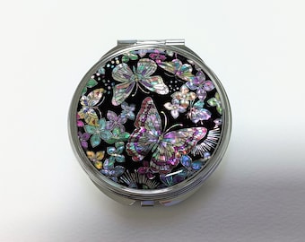 Mother of Pearl Compact Mirror, Cosmetic Mirror, Makeup Mirror, Pocket Mirror, Purse Mirror, Butterflies Patterned, Black Color