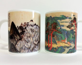 Hochwertige Bone China Becherschale, glänzende Becher, Kaffeetasse, Teetasse, Alte koreanische Malerei, Berg Kumgang, 10 Symbole der Langlebigkeit 2 Muster