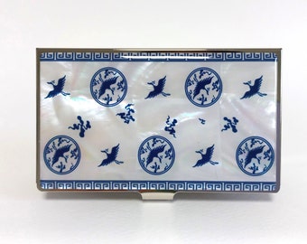 Crane pattern Mother of pearl business card holder Business card case White And Blue color Gift for her him