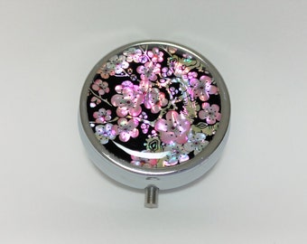 Mother of pearl Pill box, Pill case, Medicine container, Travel pill container, earring box, Gift for her him, Cherry blossom patterned