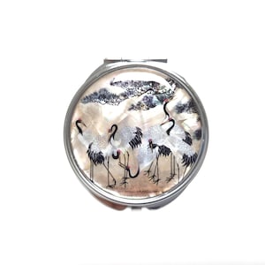 Espejo compacto de nácar: Espejo de maquillaje de bolsillo con diseño de grullas coreanas