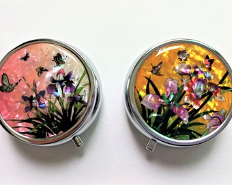 Mother of pearl Pill box, Pill case, Medicine container, Travel pill contain, Iris flower pattern, Pink, Yellow 2 colors