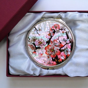 Mother of pearl mirror, Cosmetic mirror, Compact mirror, Makeup mirror, Cherry blossoms patterned, Gift for her image 5