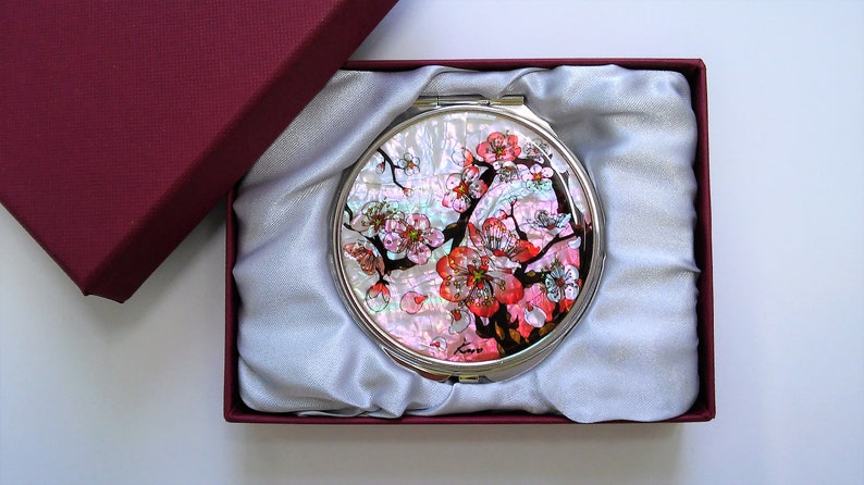 Mother of pearl mirror, Cosmetic mirror, Compact mirror, Makeup mirror, Cherry blossoms patterned, Gift for her image 5