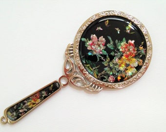 Mother of Pearl Hand Mirror: Peony Butterfly Design Black