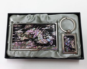 Dragon Visitenkartenhalter und Schlüsselring-Set, Visitenkartenetui, Schlüsselanhänger, Geschenk für ihn und ihren Vater, schwarze Farbe