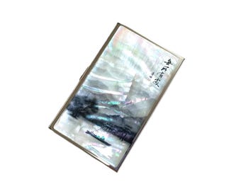 Mother of Pearl Business Card Case: Oriental Painting, Calligraphy, Stainless Steel