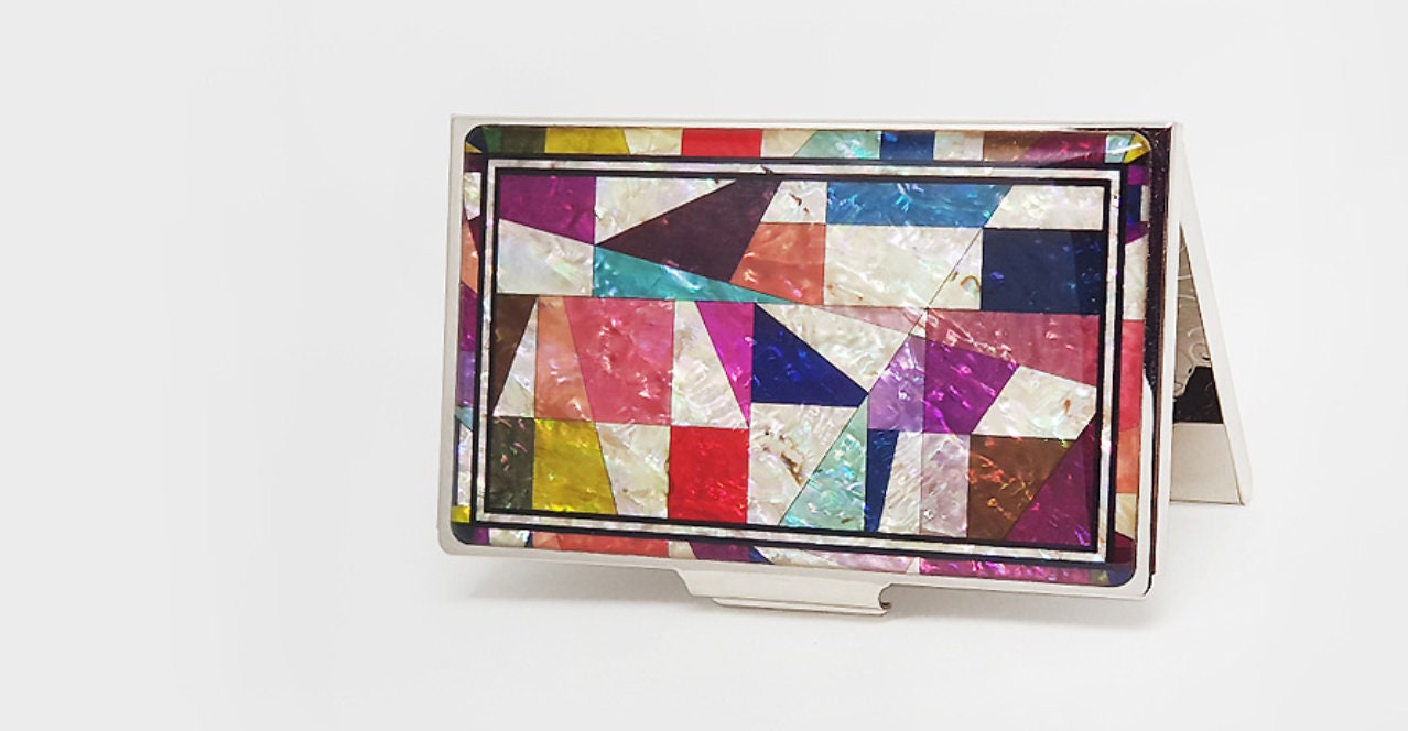 Mother of Pearl Business Card Case: Patchwork Design, Stainless Steel