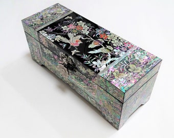 Mother of Pearl Jewelry box, Jewelry storage, Jewelry trinket box, 2 Tier wooden box, Flowers & birds pattern, Black Color