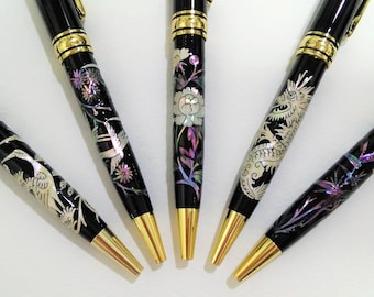 Mother of Pearl Ballpoint Pen: Handcrafted Pen, Crane, Dragon, Peony, Bird, Bamboo