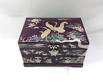 Mother of Pearl Jewelry Box: 2 Drawer Cranes & Pine Tree Wood Purple
