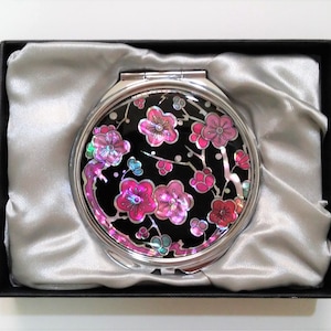 Mother of Pearl Compact Mirror, Cosmetic Mirror, Makeup Mirror, Pocket Mirror, Apricot Flower Blossom Patterned