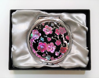 Mother of Pearl Compact Mirror, Cosmetic Mirror, Makeup Mirror, Pocket Mirror, Apricot Flower Blossom Patterned