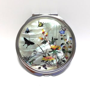 Miroir compact en nacre : papillon floral en acier inoxydable
