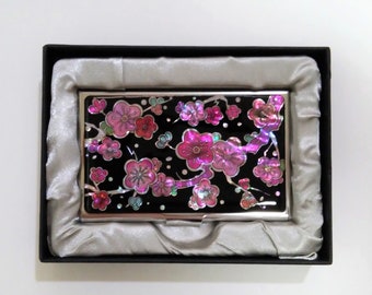 Mother of Pearl Business Card Case, Business Card Holder, Name Card Case, Apricot Flowers Patterned, Black and Pink Color, Gift For Her