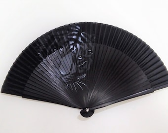 Silk Tiger Folding Fan, Bamboo Frame, Tassel, Black and White