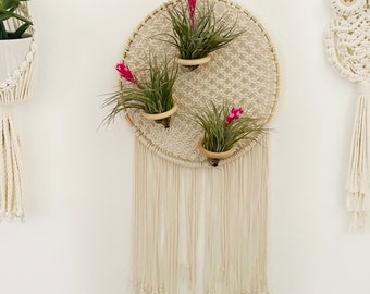 Large Macrame, air plant wall hanging holder , round statement  Macrame  wall hanging holder, handmade cord knotted wall art, New home gift