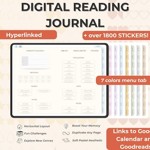 May include: Digital reading journal with a horizontal layout, featuring over 1800 stickers. The journal includes a 7-color menu tab, and links to Google Calendar and Goodreads. The journal's design is soft pastel aesthetic.