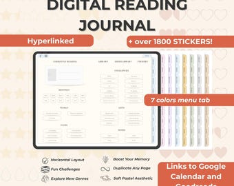 May include: Digital reading journal with a horizontal layout, featuring over 1800 stickers. The journal includes a 7-color menu tab, and links to Google Calendar and Goodreads. The journal's design is soft pastel aesthetic.