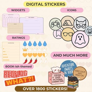 Digital Stickers for Reading Journal, Pre-Cropped Goodnotes Reading Stickers, Icons and Widgets, Bookish Stickers, PNG Reading Stickers