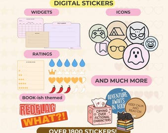 Digital Stickers for Reading Journal, Pre-Cropped Goodnotes Reading Stickers, Icons and Widgets, Bookish Stickers, PNG Reading Stickers