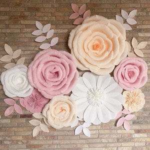 Nursery Paper Flowers with Leaves, Baby Shower Decor, Over Crib Flowers, Nursery Wall Art, Floral Wall Backdrop
