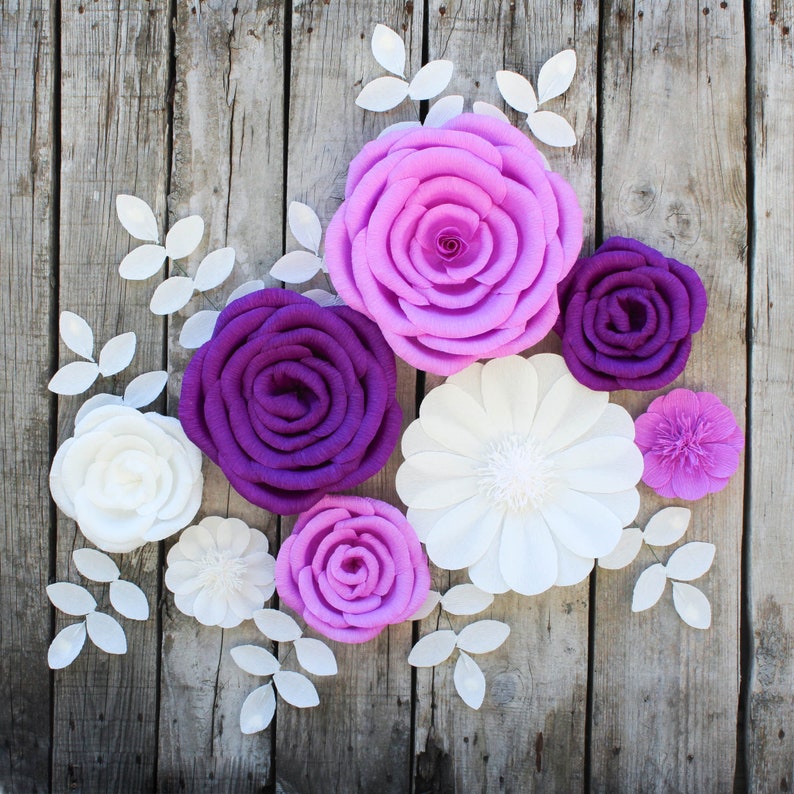 8 Paper Flowers for Girl Nursery Decor, Nursery Wall Flowers, Baby Shower Backdrop with leaves