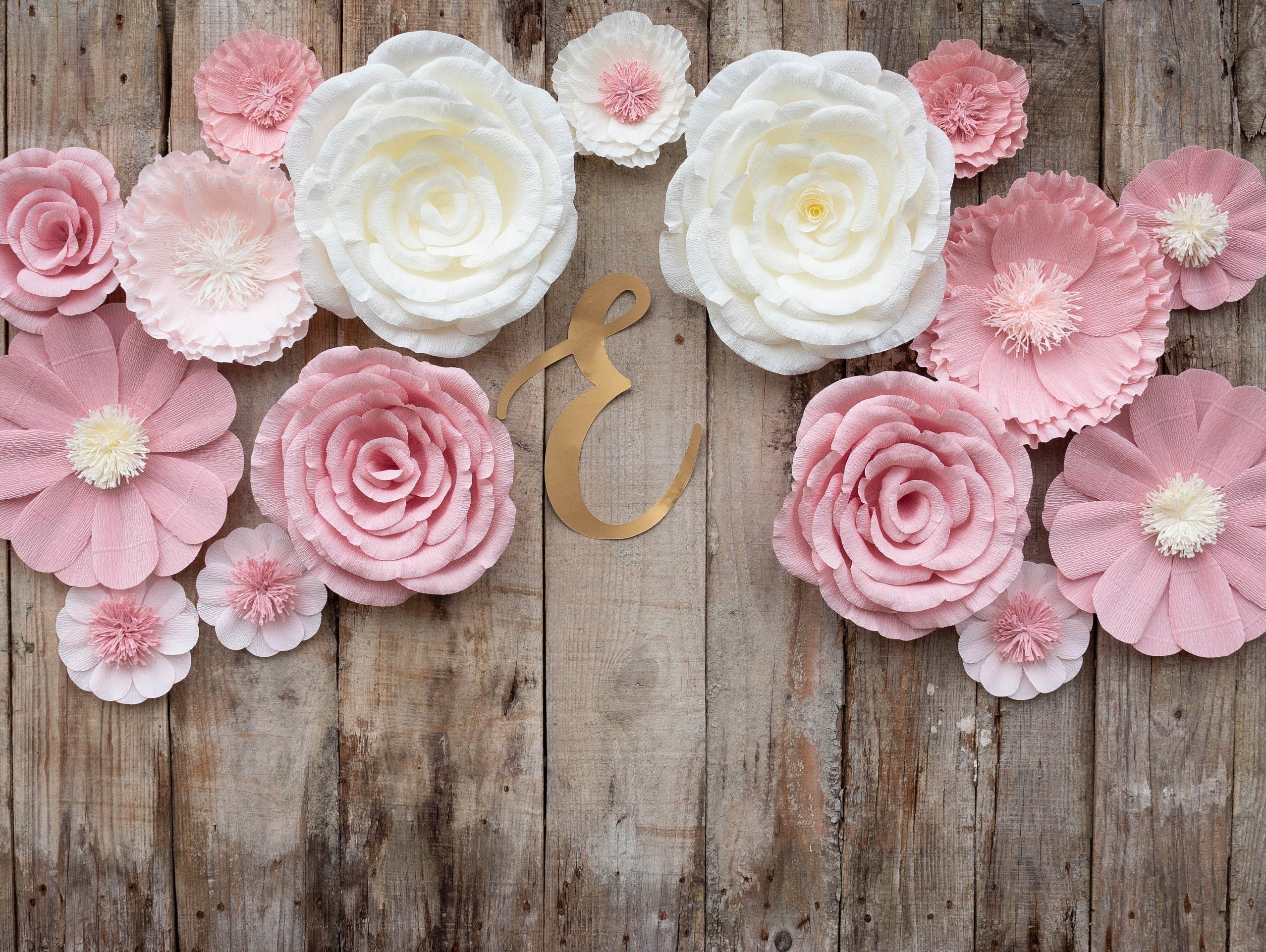 Crepe Paper Flower Set for Nursery Decor, Blush Pink and Ivory, Floral Wall Art, Window Display Decor
