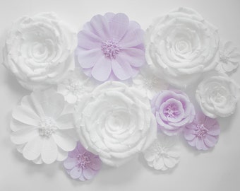 Assembled Paper Flower Wall Decor: White & Lavender Nursery Flowers
