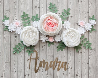 Conjunto de flores sobre cuna, peonías de papel gigantes, flores de pared de guardería, decoración de baby shower, telón de fondo floral para bodas