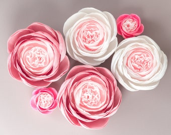 Large Paper Peony Wall Decor: Pink & White Nursery Flowers, Set of 6