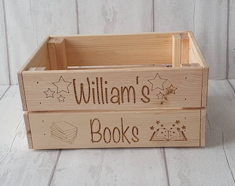 Personalised wooden book box crate, book storage.