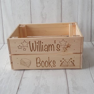 Personalised wooden book box crate, book storage.