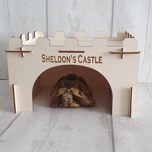 May include: A light brown wooden turtle house with a cutout archway. The house has a white sign that says "Sheldon's Castle". A brown and tan turtle is peeking out of the archway.