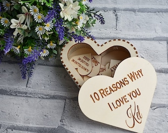 Laser cut heart box with 10 engraved personalised heart pieces.