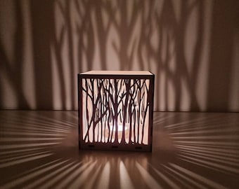 Personalised wooden tree lantern, laser cut.