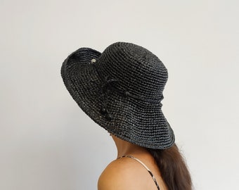 Wide brim black hat, Brim hat women, Wide brim sun hat, Straw hat, Straw hat women, Straw hats women