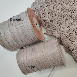 Pu&ograve; includere: Due bobine cilindriche di nastro piatto in filato color beige chiaro e tortora, etichettate rispettivamente Dandelion e taupe, posizionate accanto a un pezzo di tessuto all'uncinetto beige chiaro con un motivo a ventaglio strutturato.