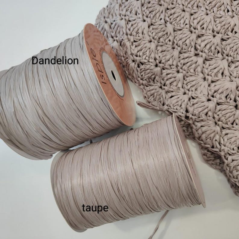 Pu&ograve; includere: Due bobine cilindriche di nastro piatto in filato color beige chiaro e tortora, etichettate rispettivamente Dandelion e taupe, posizionate accanto a un pezzo di tessuto all'uncinetto beige chiaro con un motivo a ventaglio strutturato.